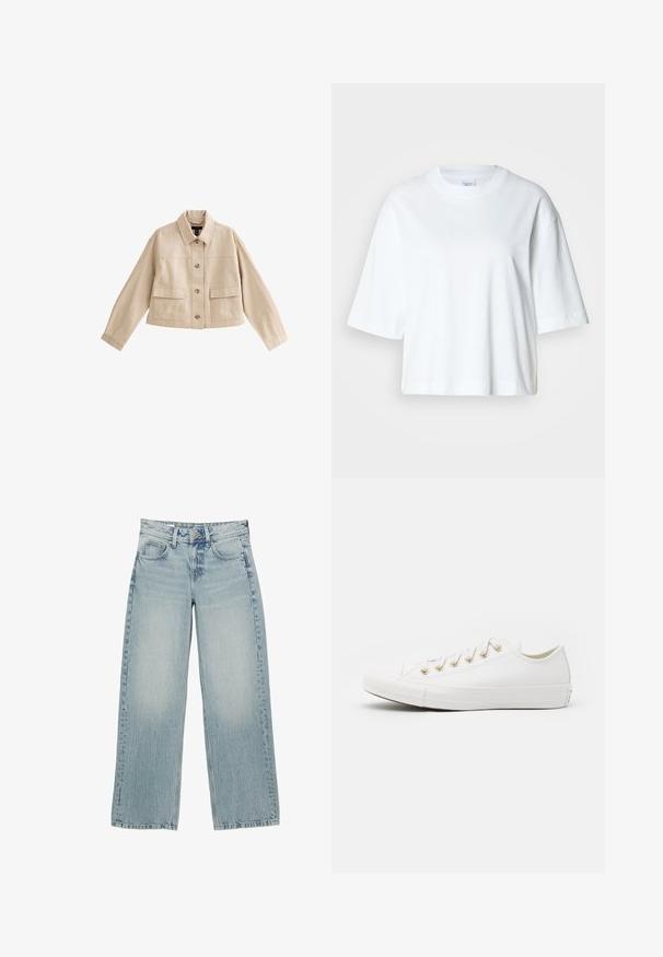 Beige cropped jakke med lange ærmer, krave, knaplukning foran og to store forlommer med klappe.; Hvid cropped t-shirt med korte ærmer, rund halsudskæring, lavet af blødt bomuldsmateriale, med et enkelt og rent design.; Lysblå denim bredbukser med høj talje, der har fem lommer, knaplukning og subtile falmninger for en slidt effekt.; Converse CHUCK TAYLOR ALL STAR - Sneakers - vintage white/light gold