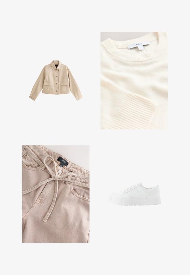 Beige cropped jakke med lange ærmer, krave, knaplukning foran og to store forlommer med klappe.; Strikket sweater i cremefarve med ribkant ved hals og ærmer. Fremstillet af blødt materiale med en diskret tekstur over det hele.; Lyserøde denimbukser med bindebånd i taljen, med frontknap, bæltestropper og to forlommer, der viser et tekstureret stof.; Hvid lædersneaker med rund tå, tekstureret overflade, seks huller til snørebånd og en chunky hvid gummisål.