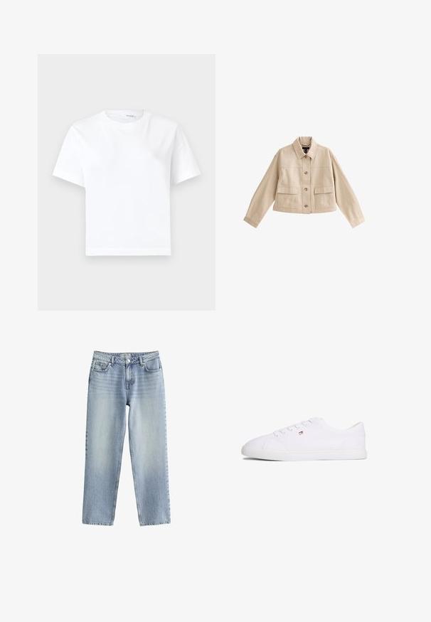 Veste courte beige à manches longues, col, fermeture avant à boutons et deux grandes poches avant avec rabats.; T-shirt blanc uni en coton à manches courtes, col rond et ourlet droit, présenté sur fond blanc.; Jean en denim bleu clair avec une coupe droite, taille haute et décoloration subtile. Se ferme par un bouton et présente une coupe classique à cinq poches.; Baskets blanches basses à fermeture à lacets avec petit logo rouge, blanc et bleu sur le côté, semelle plate en caoutchouc.