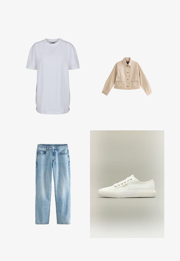 Beige korte jas met lange mouwen, kraag, knoopsluiting aan de voorkant en twee grote voorzakken met kleppen.; Effen wit T-shirt met korte mouwen en ronde hals, met een rechte zoom en een klein zichtbaar merklabel binnenin de kraag.; Lichtblauwe high-waisted jeans met een ontspannen pasvorm. Heeft een knoopsluiting, metalen rivets, vijf zakken en een vervaagde denimtextuur.; Witte lage canvas sneaker met een getextureerde rubberen zool, witte veters en een klein Calvin Klein-label aan de zijkant.