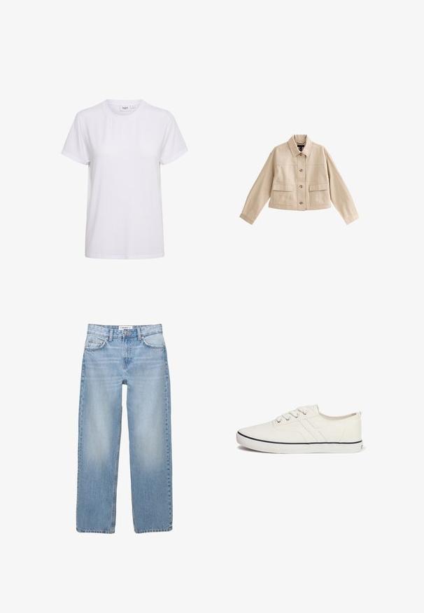 Beige kurze Jacke mit langen Ärmeln, Kragen, Vorderknopfleiste und zwei großen aufgesetzten Fronttaschen mit Klappen.; Kurzärmliges weißes T-Shirt aus weicher Baumwolle. Verfügt über einen runden Halsausschnitt und ein schlichtes, nahtloses Design ohne Verzierung oder Muster.; Helle blaue Jeans aus Denim mit geradem Bein, Fünf-Taschen-Stil und sichtbaren Nähdetails. Der Stoff hat eine weiche, leicht ausgewaschene Textur.; Weiße Leinenschuhe mit einem flachen Design, runder Zehenpartie, sechs Ösen, marineblauem Akzentstreifen und strukturiertem Gummisohlen.