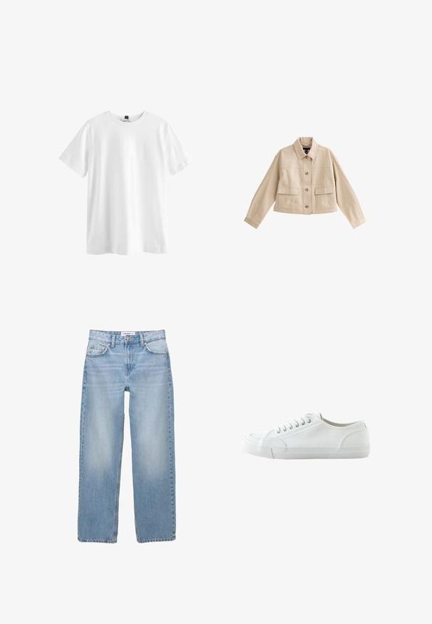 Beige korte jas met lange mouwen, kraag, knoopsluiting aan de voorkant en twee grote voorzakken met kleppen.; Effen wit T-shirt met korte mouwen en ronde hals met een zwart label aan de binnenkant van de kraag, plat weergegeven op een witte achtergrond.; Lichtblauwe denim jeans met een recht model, vijf zakken en zichtbare stiksels. De stof heeft een zachte, iets vervaagde textuur.; Witte lage canvas sneaker met vetersluiting aan de voorkant, rubberen zool en een getextureerde neuskap, weergegeven vanaf de buitenkant op een witte achtergrond.