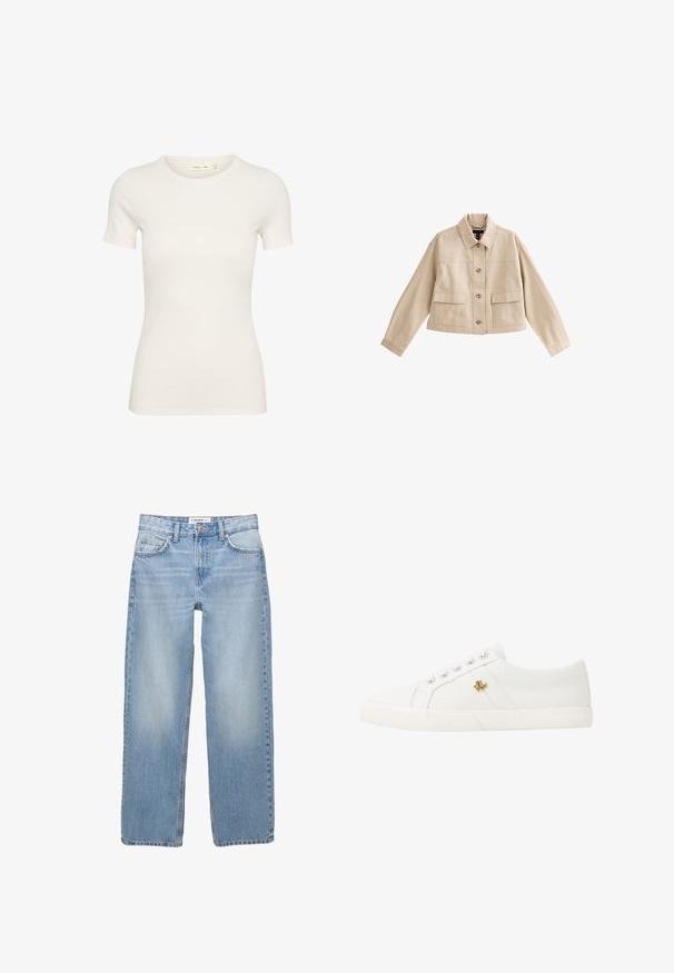 Beige korte jas met lange mouwen, kraag, knoopsluiting aan de voorkant en twee grote voorzakken met kleppen.; Korte mouwen witte T-shirt van ribkatoen, met een ronde halslijn en een getailleerde pasvorm. Geen zichtbare patronen of accenten.; Lichtblauwe denim jeans met een recht model, vijf zakken en zichtbare stiksels. De stof heeft een zachte, iets vervaagde textuur.; Lauren Ralph Lauren JANSON II CANVAS SNEAKER - Sneakers laag - optic white