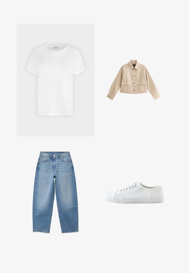 Beige cropped jakke med lange ærmer, krave, knaplukning foran og to store forlommer med klappe.; Hvid T-shirt med korte ærmer og rund hals med synligt Marc O’Polo-mærke inde i kraven mod en ensfarvet baggrund.; Lyseblå, højtaljede straight-leg denimjeans med frontknap, lynlås og fem-lomme-design.; Hvid lavtop lærredsneaker med hvide snørebånd og gummisål, vist fra siden på en hvid baggrund.