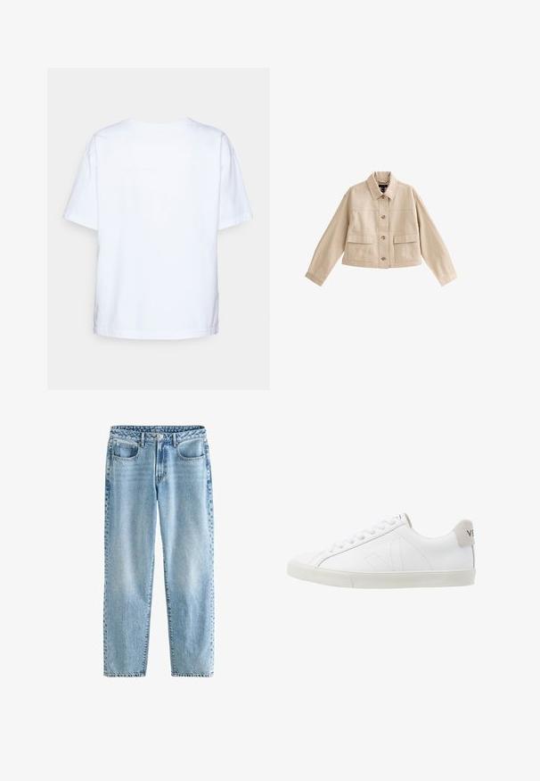 Chaqueta corta beige con mangas largas, cuello, cierre frontal con botones y dos grandes bolsillos frontales con solapas.; Camiseta de algodón blanca de manga corta vista desde atrás sobre un fondo gris claro.; Jeans de mezclilla de color azul claro con un corte relajado. Presenta cuatro bolsillos, un cierre de botón clásico y un desvanecimiento mínimo para una textura uniforme.; Zapatillas de cuero blanco con una suela de goma texturizada en un tono blanco roto. Las características incluyen cordones, costuras sutiles y un acento en gamuza gris en el talón.