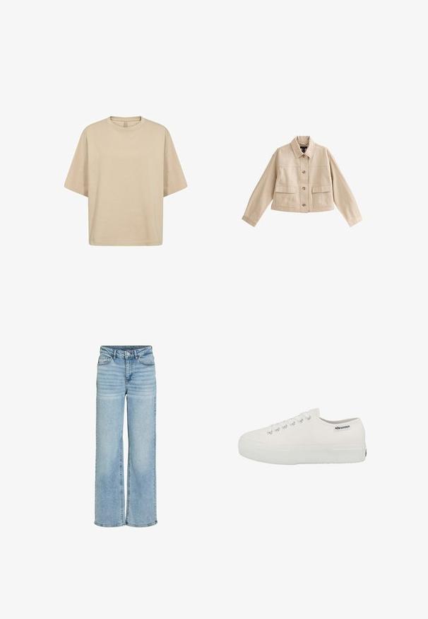 Veste courte beige à manches longues, col, fermeture avant à boutons et deux grandes poches avant avec rabats.; T-shirt en coton beige oversize à manches courtes, avec un col rond et une texture lisse. Pas de logos ou motifs visibles.; Jean bleu clair taille haute à jambes larges avec bouton à l'avant, fermeture éclair et design à cinq poches, présenté sur fond blanc.; Baskets en toile blanches avec une semelle en caoutchouc texturé, un design à lacets et des œillets en métal argenté. Présente un petit logo sur le côté.