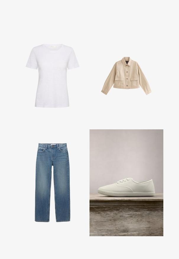 Beige cropped jakke med lange ærmer, krave, knaplukning foran og to store forlommer med klappe.; Hvid kortærmet t-shirt lavet af blødt, letvægtsstof. Har en rund halsudskæring og en glat tekstur med en let glans.; Lysblå denimjeans med lige snit, fem lommer og hardware i kobberfarve. Stoffet har en let falmning og en glat tekstur.; Hvide kanvas sneakers med rund tå, seks snørrehuller og tekstureret gummisål, hængende over en træoverflade med grønne græs i baggrunden.