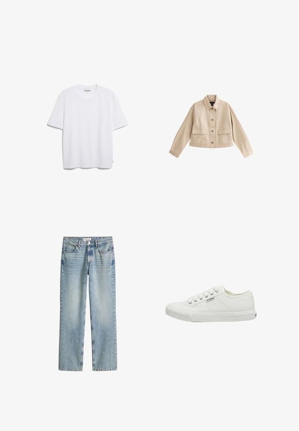 Beige korte jas met lange mouwen, kraag, knoopsluiting aan de voorkant en twee grote voorzakken met kleppen.; Witte katoenen t-shirt met korte mouwen, een ronde halslijn en een losse pasvorm. Geen zichtbare patronen of logo's. Zachte textuur.; Lichtblauwe denim jeans met rechte pijpen, voor- en achterzakken, knoop- en ritssluiting, en een Marc O'Polo-label op de tailleband.; Witte canvas sneakers met ronde neus, zes veters, textuur zijpanelen en rubberen zool. Klein merkje aan de zijkant.