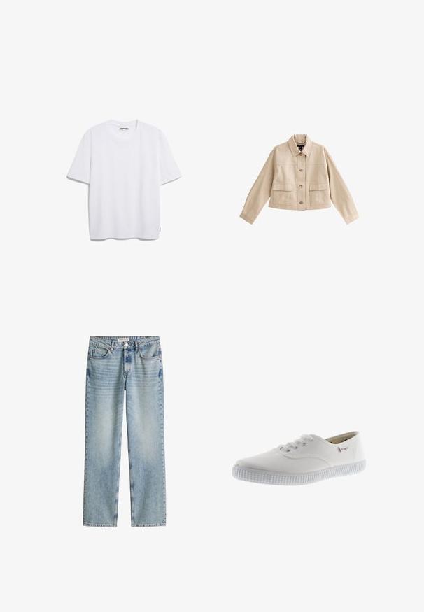 Beige korte jas met lange mouwen, kraag, knoopsluiting aan de voorkant en twee grote voorzakken met kleppen.; Witte katoenen t-shirt met korte mouwen, een ronde halslijn en een losse pasvorm. Geen zichtbare patronen of logo's. Zachte textuur.; Lichtblauwe denim jeans met rechte pijpen, voor- en achterzakken, knoop- en ritssluiting, en een Marc O'Polo-label op de tailleband.; Witte canvas sneakers met ronde neus, vetersluiting, gestructureerde rubberen zool en subtiele merkaanduiding. Glad stoffen afwerking.