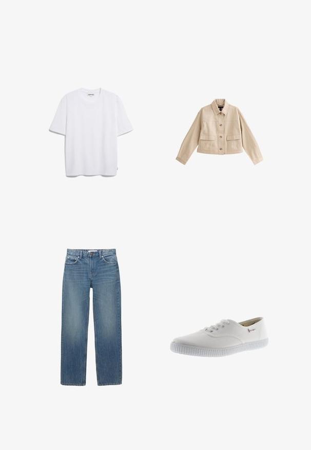 Beige korte jas met lange mouwen, kraag, knoopsluiting aan de voorkant en twee grote voorzakken met kleppen.; Witte katoenen t-shirt met korte mouwen, een ronde halslijn en een losse pasvorm. Geen zichtbare patronen of logo's. Zachte textuur.; Lichtblauwe denim jeans met een rechte snit, vijf zakken en koperen hardware. De stof heeft een lichte vervaging en een gladde textuur.; Witte canvas sneakers met ronde neus, vetersluiting, gestructureerde rubberen zool en subtiele merkaanduiding. Glad stoffen afwerking.
