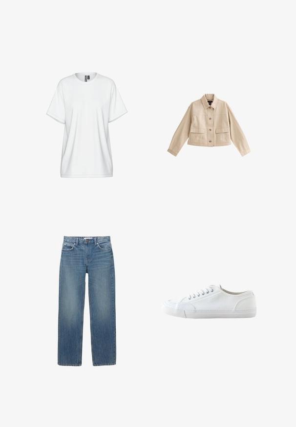 Beige kurze Jacke mit langen Ärmeln, Kragen, Vorderknopfleiste und zwei großen aufgesetzten Fronttaschen mit Klappen.; Weißes Baumwoll-T-Shirt mit Rundhalsausschnitt, kurzen Ärmeln und lockerem Sitz. Verfügt über dezente Steppnähte und ein Etikett am Kragen.; Hellblaue Jeans aus Denim mit geradem Schnitt, fünf Taschen und Beschlägen in Kupferfarbe. Der Stoff hat eine leichte Ausbleichung und eine glatte Textur.; Weißer niedriger Canvas-Sneaker mit weißen Schnürsenkeln und Gummisohle, von der Seite auf weißem Hintergrund dargestellt.