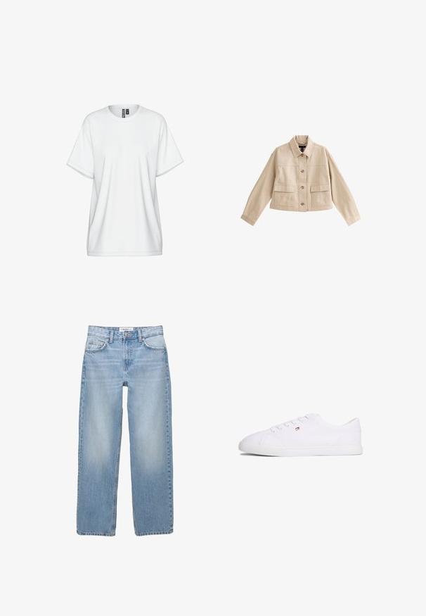 Beige kurze Jacke mit langen Ärmeln, Kragen, Vorderknopfleiste und zwei großen aufgesetzten Fronttaschen mit Klappen.; Weißes Baumwoll-T-Shirt mit Rundhalsausschnitt, kurzen Ärmeln und lockerem Sitz. Verfügt über dezente Steppnähte und ein Etikett am Kragen.; Helle blaue Jeans aus Denim mit geradem Bein, Fünf-Taschen-Stil und sichtbaren Nähdetails. Der Stoff hat eine weiche, leicht ausgewaschene Textur.; Weißer Sneaker mit niedrigem Schaft, Schnürverschluss und kleinem rot-weiß-blauem Logo an der Seite, flache Gummisohle.