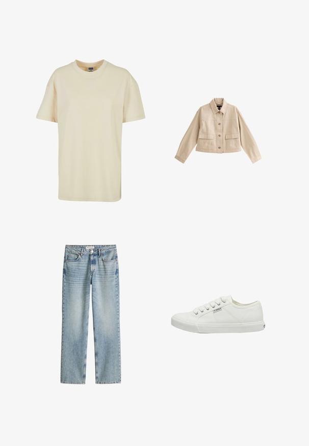 Veste courte beige à manches longues, col, fermeture avant à boutons et deux grandes poches avant avec rabats.; T-shirt à col rond de couleur crème en coton doux. Il présente des manches courtes et une coupe décontractée, sans motifs ni accents visibles.; Jean en denim bleu clair à jambes droites avec poches avant et arrière, fermeture par bouton et fermeture éclair, et une étiquette Marc O'Polo sur la ceinture.; Baskets en toile blanches avec bout rond, six œillets, panneaux latéraux texturés et semelle en caoutchouc. Petit logo de la marque sur le côté.