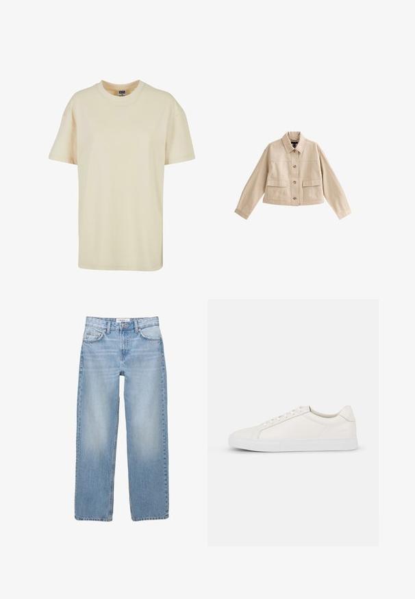 Veste courte beige à manches longues, col, fermeture avant à boutons et deux grandes poches avant avec rabats.; T-shirt à col rond de couleur crème en coton doux. Il présente des manches courtes et une coupe décontractée, sans motifs ni accents visibles.; Jean en denim bleu clair avec une coupe droite, style cinq poches et des détails de couture visibles. Le tissu a une texture douce et légèrement décolorée.; Baskets en cuir blanc avec une texture lisse, bout arrondi, devant à lacets et semelle plate en caoutchouc. Design simple sans motifs ni accents.