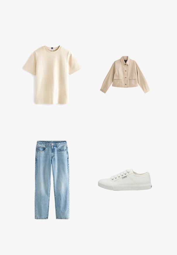 Chaqueta corta beige con mangas largas, cuello, cierre frontal con botones y dos grandes bolsillos frontales con solapas.; Camiseta de manga corta beige hecha de algodón suave, con un escote redondo y un corte relajado con una textura sutil.; Jeans de tiro alto en azul claro con un corte relajado. Presentan un cierre de botón, remaches de metal, cinco bolsillos y una textura de mezclilla deslavada.; Zapatilla de lona blanca con puntera redonda, seis ojales, paneles laterales texturizados y suela de goma. Pequeño logotipo de la marca en el lateral.