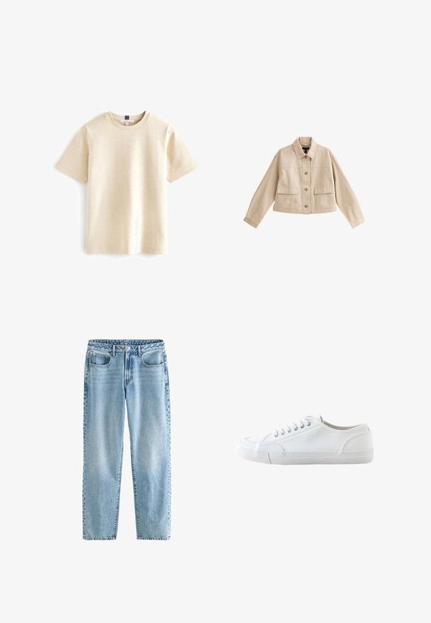 Beige kurze Jacke mit langen Ärmeln, Kragen, Vorderknopfleiste und zwei großen aufgesetzten Fronttaschen mit Klappen.; Beige T-Shirt mit kurzen Ärmeln aus weicher Baumwolle, mit einem runden Ausschnitt und einem entspannten Schnitt mit subtiler Textur.; Helle blaue Jeans aus Denim mit lockerer Passform. Sie verfügen über vier Taschen, einen klassischen Knopfverschluss und minimalen Used-Look für eine gleichmäßige Textur.; Weißer niedriger Canvas-Sneaker mit weißen Schnürsenkeln und Gummisohle, von der Seite auf weißem Hintergrund dargestellt.