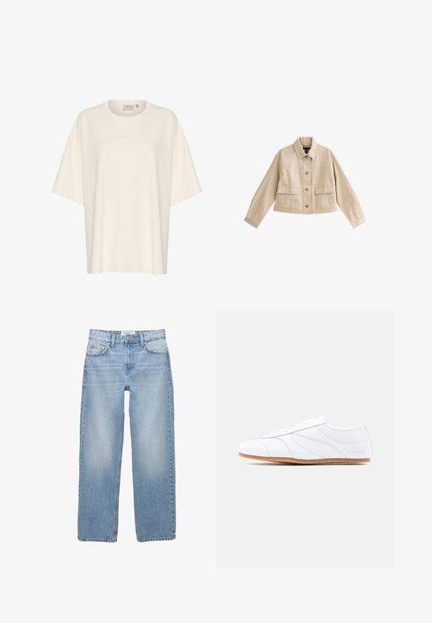 Beige cropped jakke med lange ærmer, krave, knaplukning foran og to store forlommer med klappe.; Overdimensioneret creme T-shirt lavet af blødt stof med rund halsudskæring og korte ærmer. Subtil prægede logo detaljer på forsiden.; Lyseblå denimbukser med lige ben, fem-pockets stil og synlige syninger. Stofmaterialet har en blød, let falmet tekstur.; Hvid lavtstående sneaker med snøresystem, glat læderoverdel, diskrete syninger og lysbrun gummisål.