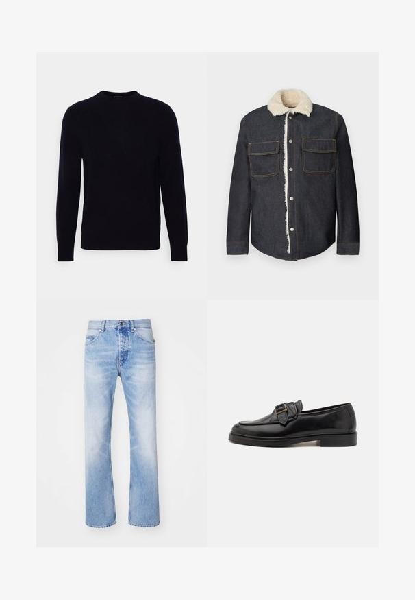 Donkere denimjas met een nepbontkraag, twee voorzakken en knoopsluiting. Heeft oranje stiksel en een losse pasvorm.; Donkerblauwe crewneck trui met lange mouwen, gemaakt van zachte stof. Heeft een gladde textuur en een klassieke pasvorm, zonder zichtbare patronen of accenten.; Lichtblauwe denim jeans met een recht model, voorzien van een klassieke vijf-pocketstijl en een subtiele vervaagde print.; Zwarte leren instappers met een ronde neus en een decoratieve gesp. Platte, stevige hak en een gladde textuur overal.
