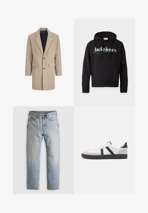 Abrigo beige con solapa muesca, cierre de un solo botón y dos bolsillos frontales. Está hecho de un tejido texturizado con un forro interior suave.; Sudadera con capucha negra con cordón frontal y texto del logo multicolor "Jack & Jones Denim" en el pecho.; Jeans de mezclilla azul claro de cintura alta, con botón frontal, cremallera y diseño de cinco bolsillos, dispuestos sobre un fondo neutro.; Zapatilla blanca con acentos en negro y gris, que presenta una puntera texturizada en gris, suela de goma negra y cordones planos blancos. Diseño limpio, estilo minimalista.