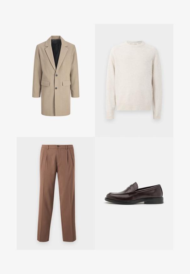 Beige frakke med klippede revers, enkelt knaplukning og to frontlommer. Lavet af tekstureret stof med en glat indvendig foring.; Flødefarvet sweater med rund halsudskæring, ribbede manchetter og kant. Blød tekstur med et enkelt, rent design og raglanærmer.; Brune plisserede bukser med lige ben-design, der har en enkelt knaplukning og en glat, struktureret stof.; Brune læder loafers med en glat overflade, rund tå, diskrete syninger og en lav gummihæl. Sidevisning vist.