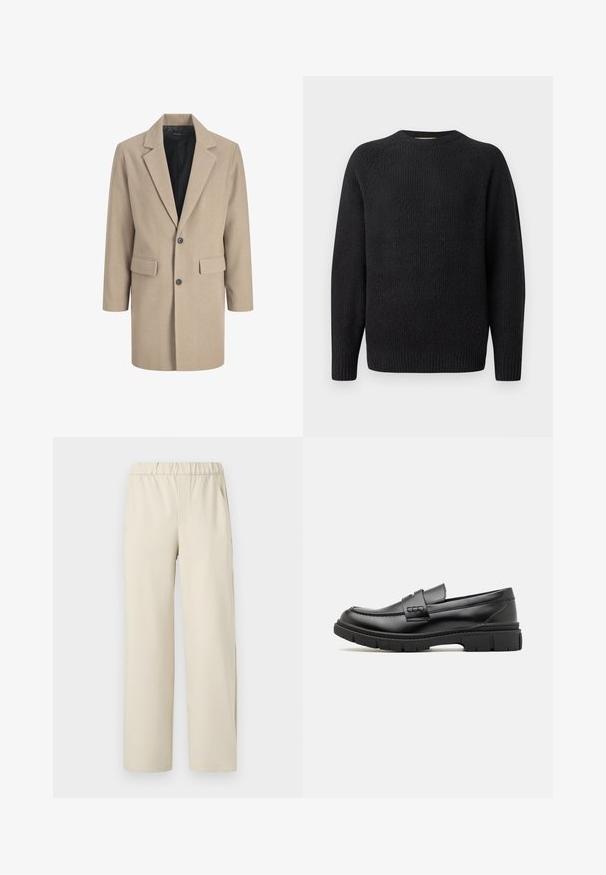 Manteau beige avec un col cranté, fermeture à un bouton et deux poches avant. Fabriqué en tissu texturé avec une doublure intérieure lisse.; Pull en tricot noir avec un col rond, texture côtelée et manches longues. Design simple sans logos visibles ni ornements.; Pantalons larges beiges avec une taille élastique, fabriqués en tissu doux. Présente une texture lisse et sans motifs ni éléments métalliques visibles.; Mocassin en cuir noir avec une large sangle sur le devant, semelle en caoutchouc à épaisse rainure, et texture lisse. Design classique et élégant.