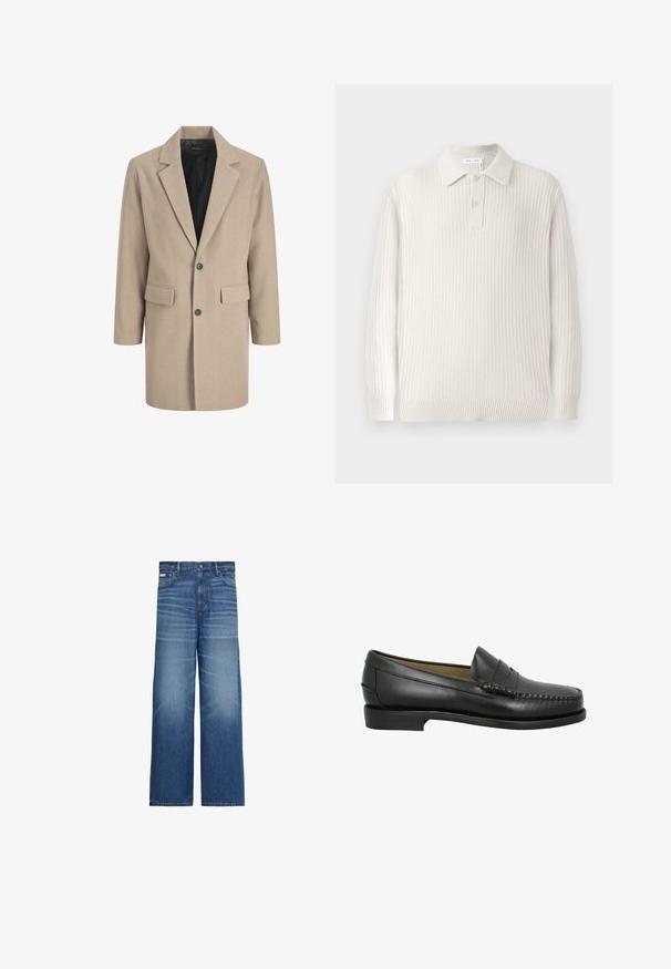 Beige frakke med klippede revers, enkelt knaplukning og to frontlommer. Lavet af tekstureret stof med en glat indvendig foring.; Lys beige strikket polo sweater med ribbet tekstur, en krave og to knapper. Har lange ærmer og en tætsiddende kant.; Blå vidbenede jeans med falmet detaljering, fem lommer og knaplukning i taljen.; Sorte læder loafersko med en rund tå, dekorativ syning og en lav, flad sål. Glat tekstur, minimalistisk design uden udsmykninger.