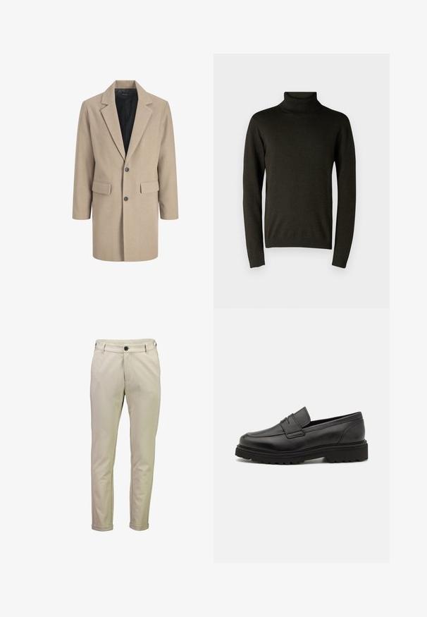 Abrigo beige con solapa muesca, cierre de un solo botón y dos bolsillos frontales. Está hecho de un tejido texturizado con un forro interior suave.; Suéter de cuello alto verde oscuro hecho de un material de punto suave, con mangas largas y puños y dobladillo acanalados. Textura suave con un detalle mínimo.; Pantalones ajustados beige con trabillas para cinturón, botón delantero, cierre de cremallera, bolsillos laterales y dobladillos con vuelta.; Mocasín de cuero negro con punta redonda, detalles de costura y suela gruesa y texturizada. Presenta un diseño elegante y minimalista.