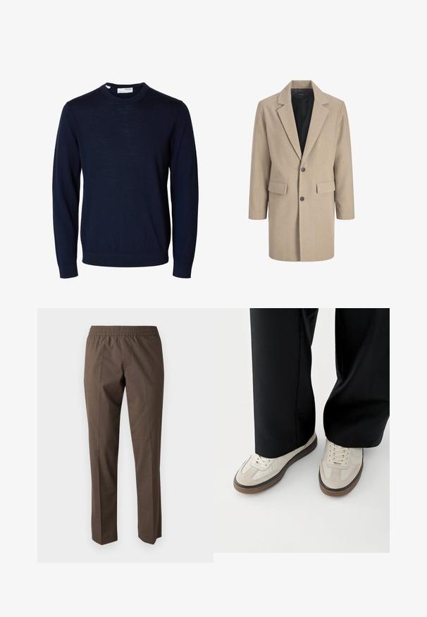 Beige overcoat met een notch-lapel, sluiting met één knoop en twee voorzakken. Gemaakt van textuurstof met een gladde binnenvoering.; Navyblauwe trui met lange mouwen en ronde hals, met geribbelde boorden en zoom, gemaakt van fijne gebreide stof.; Bruine broek van gladde stof, met een elastische tailleband, rechte pijpen en zonder zichtbare zakken of versieringen.; Voeten met beige sneakers met bruine zolen en zwarte wijde broekspijpen op een witte achtergrond.
