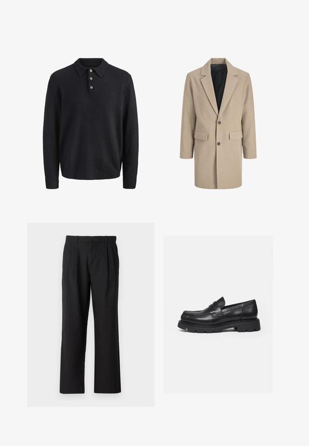 Beige frakke med klippede revers, enkelt knaplukning og to frontlommer. Lavet af tekstureret stof med en glat indvendig foring.; Mørkeblå langærmet strikket sweater med krave og tre knapper ned foran.; Jack & Jones Classic Wide Leg Fit - Bukser - black; Sort læderloafer med tyk rillede sål og penny-remdetalje, vist i højre sideprofil på hvid baggrund.