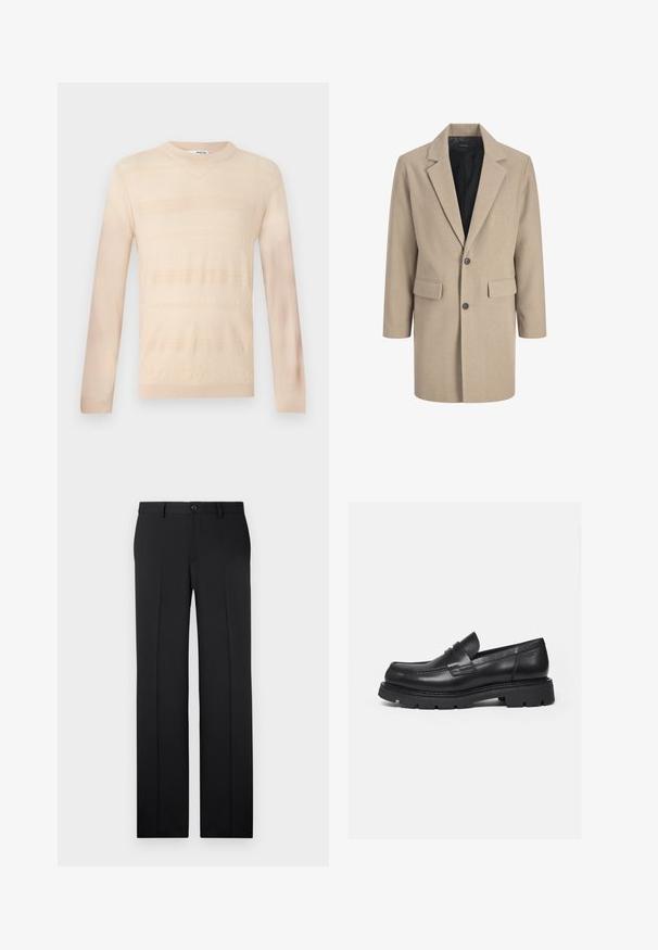Manteau beige avec un col cranté, fermeture à un bouton et deux poches avant. Fabriqué en tissu texturé avec une doublure intérieure lisse.; Pull en tricot beige clair avec manches longues, mettant en avant un motif rayé texturé et un col rond. Finition en tissu lisse.; Pantalons noirs ajustés avec une coupe droite, en tissu lisse, avec des plis avant et une fermeture à bouton unique à la taille.; Mocassin en cuir noir avec semelle épaisse crantée et détail de bride penny, présenté en profil droit sur fond blanc.