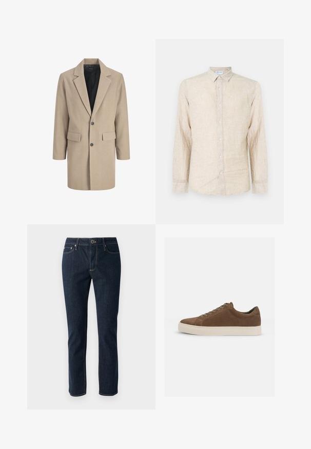 Beige frakke med klippede revers, enkelt knaplukning og to frontlommer. Lavet af tekstureret stof med en glat indvendig foring.; Beige langærmet skjorte lavet af struktureret stof, med en klassisk krave, knaplukning og en afslappet pasform.; Mørkeblå denim jeans med lige ben-design, der har knaplukning, fem lommer og kontrastsyninger. Glat tekstur.; Brune ruskind sneakers med snørebånd, beige gummisål, rund tå og subtile syninger på siderne.