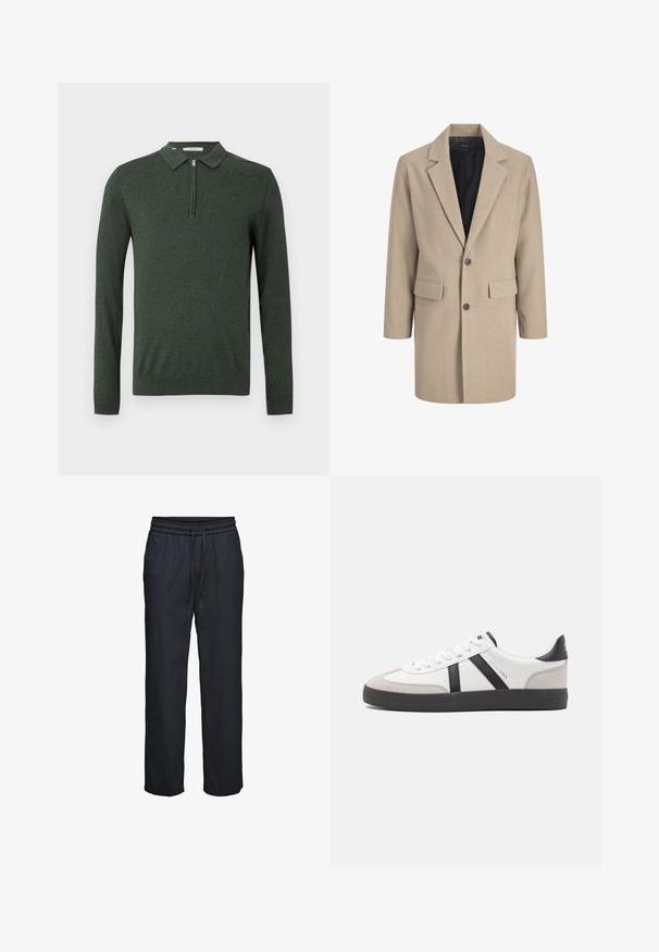 Beige overcoat met een notch-lapel, sluiting met één knoop en twee voorzakken. Gemaakt van textuurstof met een gladde binnenvoering.; Donkergroene polo trui met lange mouwen, kwart ritssluiting en geribde manchetten en onderkant, weergegeven op een effen lichte achtergrond.; Zwarte losse broek met elastische tailleband en aantrekkoord, rechte pijpen, gemaakt van lichtgewicht stof.; Witte sneaker met zwarte en grijze accenten, voorzien van een grijze neus met textuur, zwarte rubberen zool en platte witte veters. Schoon ontwerp, minimalistische stijl.