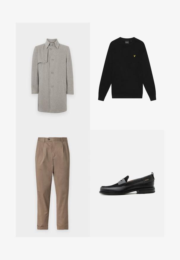 Manteau en laine gris mélangé avec un col, fermeture boutonnée et une poche plaquée sur le côté gauche. Manches longues avec une silhouette droite.; Sweatshirt en coton noir avec des manches longues et un col rond. Présente un petit logo d'aigle jaune sur la poitrine. Texture douce.; Pantalons khaki à coupe ajustée, avec un pli devant, une fermeture à bouton et des poignets retroussés. Fabriqués à partir d'un tissu en coton léger.; Mocassin en cuir noir avec détail de bride grise, talon bas et semelle texturée, marqué "HUGO" en or sur le côté.