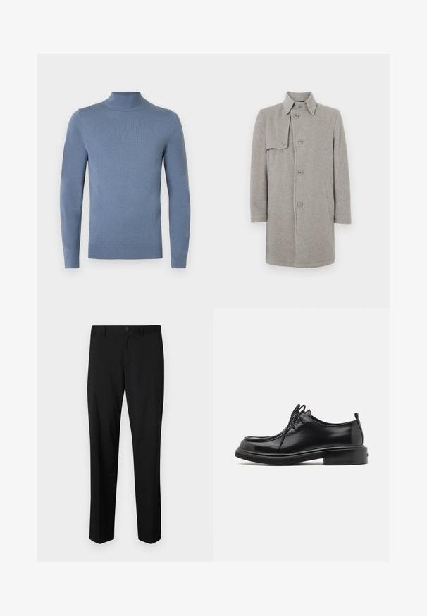 Manteau en laine gris mélangé avec un col, fermeture boutonnée et une poche plaquée sur le côté gauche. Manches longues avec une silhouette droite.; Pull à col roulé bleu clair en tissu tricoté, avec manches longues, col et ourlet côtelés. Design simple sans motifs visibles.; Pantalons noirs ajustés avec une coupe plate, taille standard et jambes droites. Fabriqués en tissu lisse, dotés d'une fermeture à un bouton.; Calvin Klein LACE UP APRON BRUSH OFF - Derbies - black