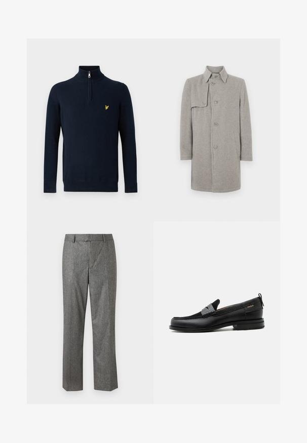 Grå uldblandingsfrakke med krave, knaplukning og en lomme på venstre side. Lange ærmer med en lige silhuet.; Marineblå pullover med halv lynlås ved kraven, lavet af glat stof; har et lille gult broderet logo på brystet.; Grå skræddersyede bukser i et tekstureret stof, lige ben design, med forlommer og en flad talje. Ingen synlige lukninger.; Sort læderloafer med grå remdetalje, lav hæl og tekstureret sål, mærket med "HUGO" i guld på siden.