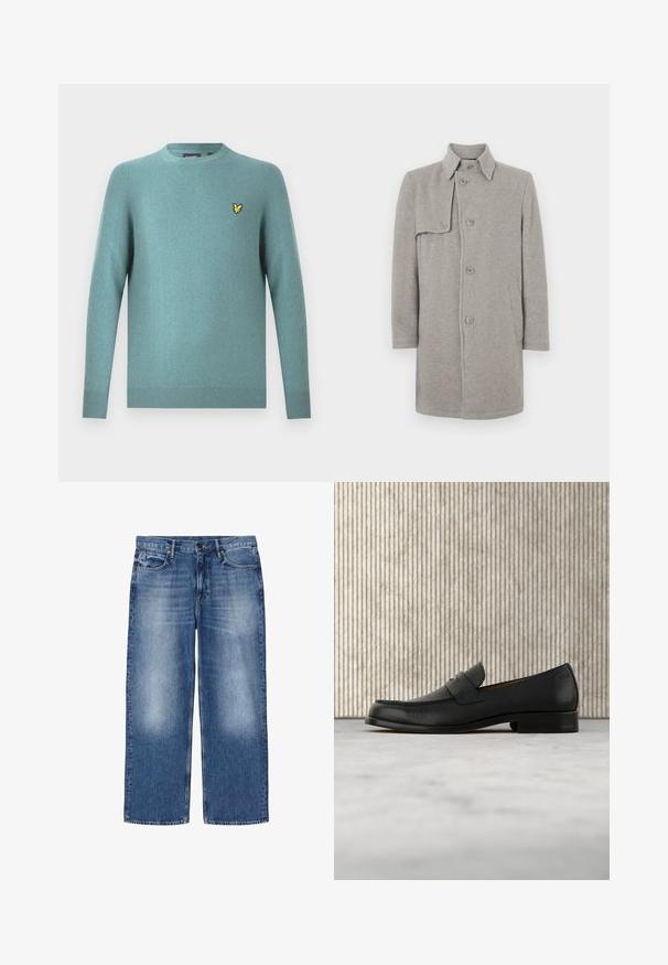Grijze wolmix jas met een kraag, knoopsluiting en een linker zijzak. Lange mouwen met een rechte snit.; Sweater met ronde hals in zachte teal stof, met lange mouwen en een geribde zoom. Gele geborduurde logo-accent op de borst.; Blauw vervaagde rechte spijkerbroek met vijf zakken en knoopsluiting, plat liggend afgebeeld op een witte achtergrond.; Zwarte leren loafer zweeft boven een beige tapijt met op de achtergrond een glanzende, ronde, bruine tafel.