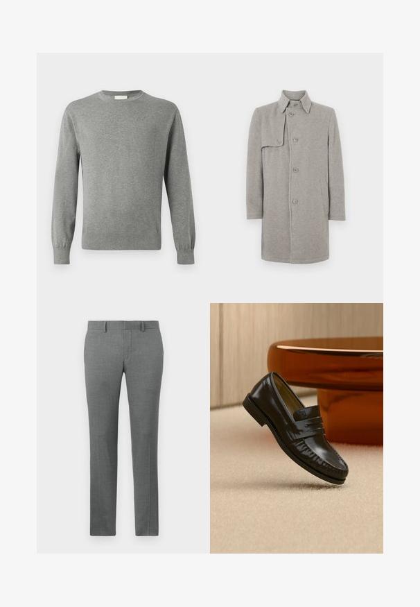 Abrigo de mezcla de lana gris con cuello, cierre de botones y un bolsillo de parche en el lado izquierdo. Mangas largas con una silueta recta.; Calvin Klein Jersey de punto - medium grey; Pantalones grises a medida con una textura suave, diseño de pierna recta, lazos para cinturón y un sutil patrón de espiga en toda su superficie.; Mocasín de cuero negro brillante con detalle de correa, colocado sobre una alfombra beige cerca de una mesa de café redonda marrón en una habitación con iluminación suave.