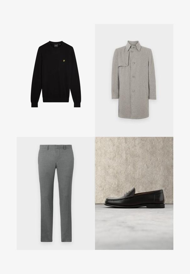 Grau melierter Wollmischmantel mit Kragen, Knopfverschluss und einer aufgesetzten Tasche auf der linken Seite. Lange Ärmel mit gerader Silhouette.; Schwarzer Pullover aus weichem Stoff mit Rundhalsausschnitt und langen Ärmeln. Kleines gelbes gesticktes Logo auf der linken Brust.; Grau maßgeschneiderte Hose mit glatter Textur, geradem Schnitt, Gürtelschlaufen und einem dezenten Fischgrätenmuster.; Schwarzer Pennyloafer aus Leder mit niedrigem Absatz, abgerundeter Spitze und genähten Details vorne und an den Seiten, gezeigt vor neutralem Hintergrund.
