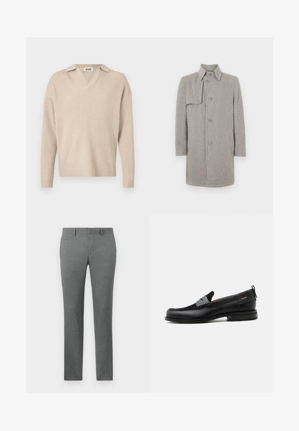 Grå uldblandingsfrakke med krave, knaplukning og en lomme på venstre side. Lange ærmer med en lige silhuet.; Beige ribbet strikpullover med V-hals og krave, med lange ærmer og afslappet pasform, lavet af et blødt, tekstureret stof.; Grå skræddersyede bukser med en glat tekstur, lige ben design, bæltestropper og et subtilt hørmønster over det hele.; Sort læderloafer med grå remdetalje, lav hæl og tekstureret sål, mærket med "HUGO" i guld på siden.