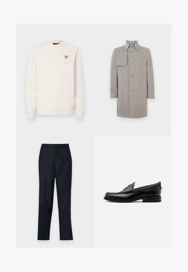 Grå uldblandingsfrakke med krave, knaplukning og en lomme på venstre side. Lange ærmer med en lige silhuet.; Off-white crewneck sweatshirt med lange ærmer og et lille gult og sort fuglelogo på venstre bryst.; Marineblå bukser lavet af glat stof, med lige ben design, en enkelt knaplukning og subtile forfald i fronten.; Sort læder herre loafer med moc-tå syning, penny strop, struktureret krave og lav stablet hæl på hvid baggrund.