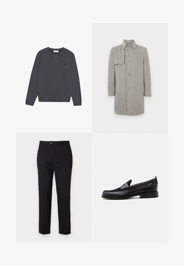Manteau en laine gris mélangé avec un col, fermeture boutonnée et une poche plaquée sur le côté gauche. Manches longues avec une silhouette droite.; Sweatshirt gris foncé, en coton, col rond, manches longues, avec un détail de couture en X au niveau du col, petit logo sur la poitrine gauche.; Pantalons noirs en tissu lisse, avec une fermeture à bouton, des passants de ceinture et deux poches latérales. Design à jambe droite avec un minimum de détails.; Mocassin en cuir noir avec détail de bride grise, talon bas et semelle texturée, marqué "HUGO" en or sur le côté.