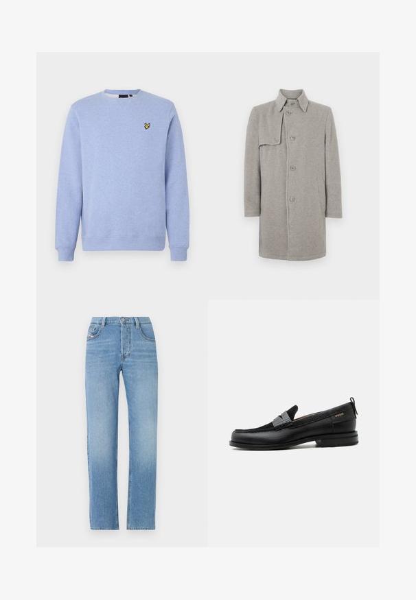 Grå uldblandingsfrakke med krave, knaplukning og en lomme på venstre side. Lange ærmer med en lige silhuet.; Lyseblå crewneck sweatshirt med ribkanten manchetter og kant, med en lille gul fuglelogo på venstre bryst.; Lys blå denim jeans med lige ben design, knaplukning, fem-lomme stil og subtilt falmet tekstur. Klassisk jean silhuet.; Sort læderloafer med grå remdetalje, lav hæl og tekstureret sål, mærket med "HUGO" i guld på siden.