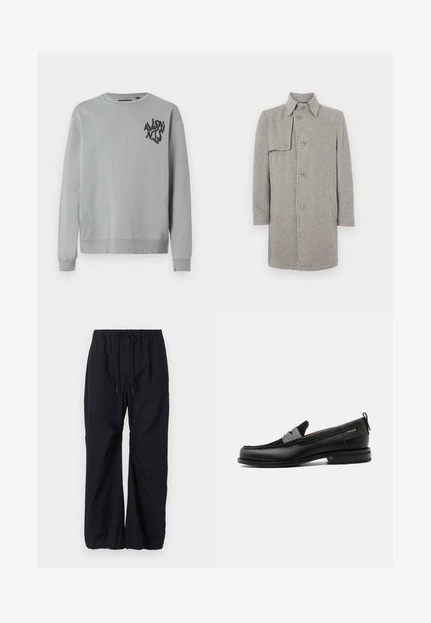 Manteau en laine gris mélangé avec un col, fermeture boutonnée et une poche plaquée sur le côté gauche. Manches longues avec une silhouette droite.; Sweatshirt gris clair en tissu doux, avec un col rond et des manches longues. Texte graphique noir sur la zone gauche de la poitrine.; Pantalons noirs amples en tissu léger, dotés d'une taille élastique avec cordon de serrage et de poignets froncés aux chevilles.; Mocassin en cuir noir avec détail de bride grise, talon bas et semelle texturée, marqué "HUGO" en or sur le côté.