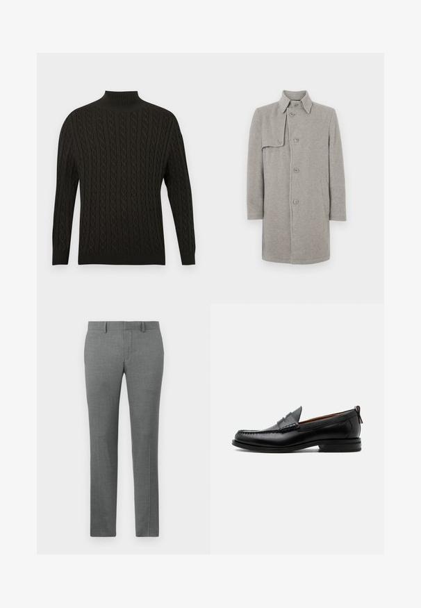 Manteau en laine gris mélangé avec un col, fermeture boutonnée et une poche plaquée sur le côté gauche. Manches longues avec une silhouette droite.; Pull en tricot noir avec un col roulé haut, un motif en câble texturé, des manches longues et des bords côtelés. ; Pantalons gris ajustés avec une texture lisse, design à jambe droite, passants de ceinture et un motif chevron subtil sur l'ensemble.; Mocassin homme en cuir noir avec couture moc toe, bride penny, col texturé et petit talon empilé sur fond blanc.