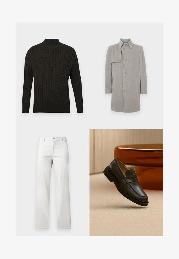 Manteau en laine gris mélangé avec un col, fermeture boutonnée et une poche plaquée sur le côté gauche. Manches longues avec une silhouette droite.; Pull en tricot noir avec un col roulé haut, un motif en câble texturé, des manches longues et des bords côtelés. ; Pantalon gris clair avec une coupe droite, fabriqué dans un tissu lisse, doté d'une fermeture à bouton à l'avant et de poches latérales.; Mocassin en cuir noir flottant au-dessus d'un tapis beige avec des meubles arrondis marron en arrière-plan.
