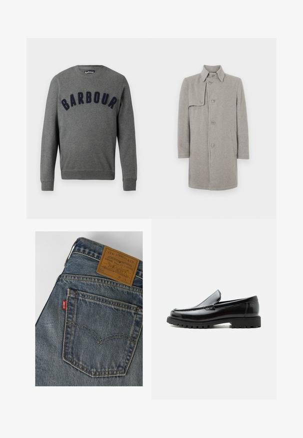 Grau melierter Wollmischmantel mit Kragen, Knopfverschluss und einer aufgesetzten Tasche auf der linken Seite. Lange Ärmel mit gerader Silhouette.; Grauer Sweatshirt mit Rundhalsausschnitt und einem erhabenen, dunkelblauen "Barbour"-Logo auf der Vorderseite. Hergestellt aus weichem Material mit gerippten Bündchen.; Gesäßtasche einer blauen Denim Levi's Jeans mit gelber Naht und einem braunen Lederetikett von Levi Strauss & Co. am Bund.; Schwarzer Lederloafer mit grober Gummisohle, genähter Oberseite und geprägtem Markennamen an der Ferse, seitlich auf weißem Hintergrund gezeigt.