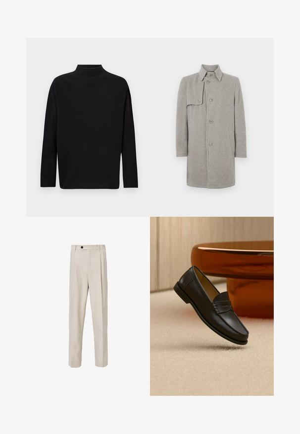 Grå uldblandingsfrakke med krave, knaplukning og en lomme på venstre side. Lange ærmer med en lige silhuet.; Sort turtleneck sweater, lavet af blødt strikket materiale, med lange ærmer, afslappet pasform og høj halsudskæring. Ingen synlige mønstre eller hardware.; Beige skræddersyede bukser med lige ben-design, der har frontplisseringer, knaplukning og en glat tekstur.; Sort læder loafer-sko hængende over beige tæppe med ravfarvet moderne møblement i baggrunden.