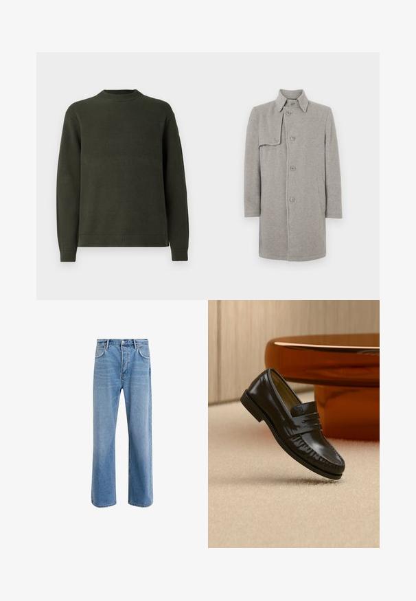Manteau en laine gris mélangé avec un col, fermeture boutonnée et une poche plaquée sur le côté gauche. Manches longues avec une silhouette droite.; Pull en tricot à manches longues de couleur vert foncé avec un col rond côtelé, des poignets et un ourlet, présenté sur un fond blanc uni.; Jeans en denim bleu clair avec une coupe droite, cinq poches, fermeture à bouton, peu d'usure et des détails de couture contrastés.; Mocassin en cuir noir brillant avec un détail de bride, posé sur un tapis beige près d'une table basse ronde en bois brun dans une pièce doucement éclairée.