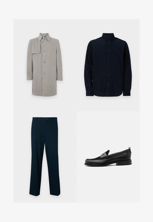 Manteau en laine gris mélangé avec un col, fermeture boutonnée et une poche plaquée sur le côté gauche. Manches longues avec une silhouette droite.; Chemise à manches longues bleu marine en tissu texturé, avec un devant boutonné, un col pointu et des poignets boutonnés.; Pantalons bleu marine en tissu lisse, dotés d'une fermeture à bouton, d'une coupe droite et d'un design minimaliste.; Mocassin en cuir noir avec détail de bride grise, talon bas et semelle texturée, marqué "HUGO" en or sur le côté.