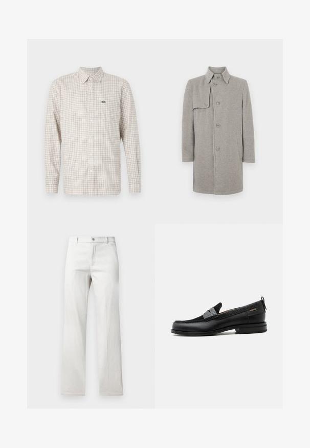 Manteau en laine gris mélangé avec un col, fermeture boutonnée et une poche plaquée sur le côté gauche. Manches longues avec une silhouette droite.; Chemise beige à manches longues avec motif quadrillé rouge et bleu, fermée par des boutons à l'avant, col et logo crocodile vert sur la poitrine gauche.; Pantalon gris clair avec une coupe droite, fabriqué dans un tissu lisse, doté d'une fermeture à bouton à l'avant et de poches latérales.; Mocassin en cuir noir avec détail de bride grise, talon bas et semelle texturée, marqué "HUGO" en or sur le côté.